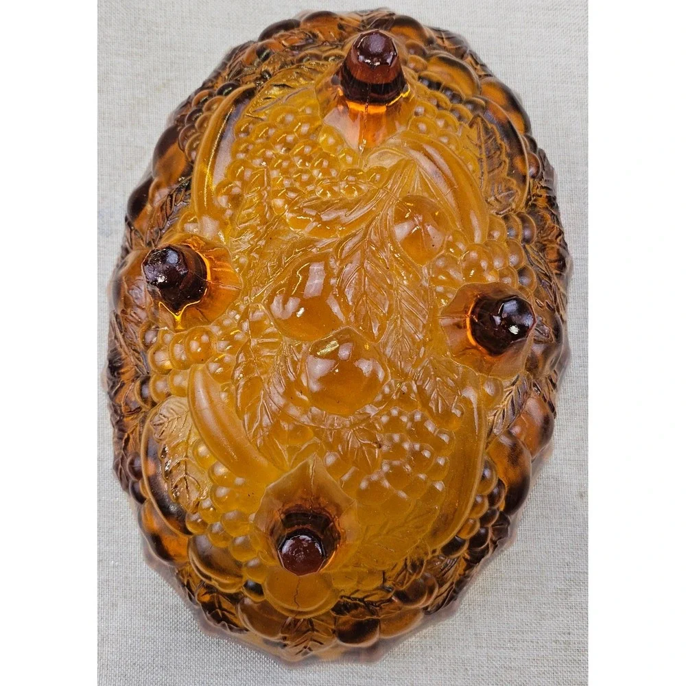 Vintage Amber Indian Glass Fruit Bowl Footed Oval Scalloped Rim Embossed Fruit